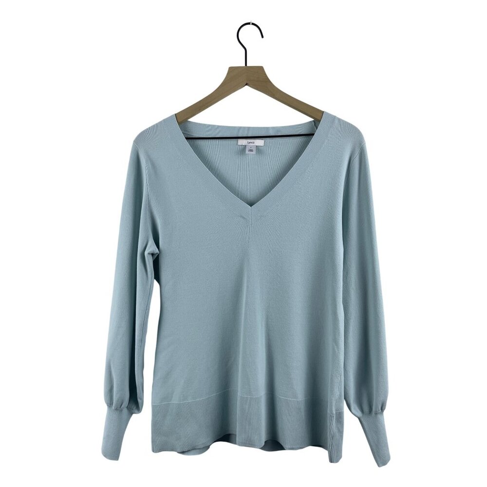Lewit Women's Size Large Stretch Knit Balloon Bishop Sleeve V Neck Sweater Blue